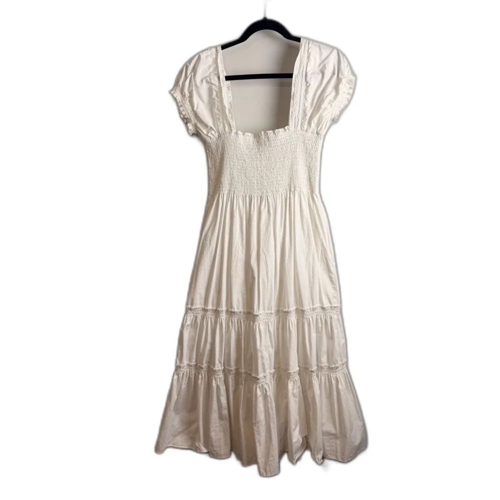 O.P.T Lazy Afternoon Dress White Maxi Medium Smocked Cotton Lined Puff Sleeve - Picture 2 of 15